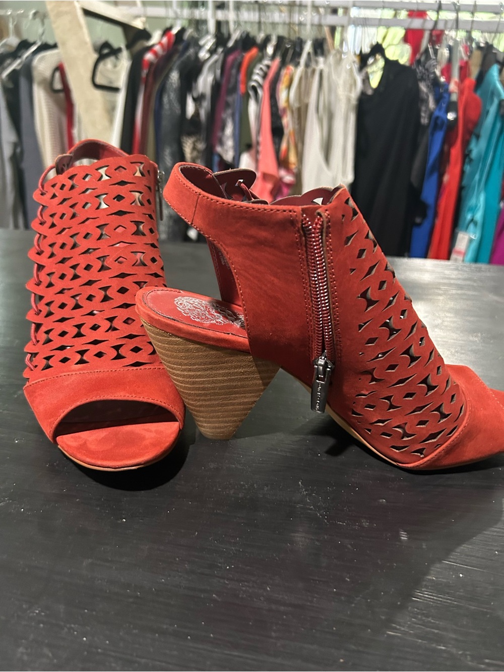 Vince Camuto Red Laser-Cut Peep-Toe Cone Heel Sandals